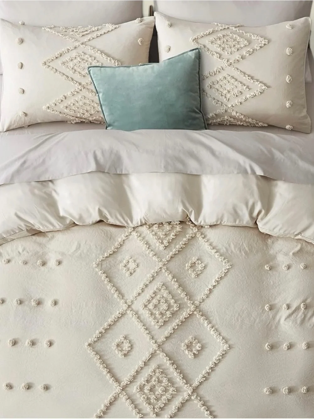 NEW Anthro Beige Cream Boho Queen / King Size Tufted Fringe Bedding Duvet & Sham